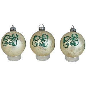 3 Vintage Shiny Brite Christmas Ornaments Teddy Bear Stencil Glitter Green White